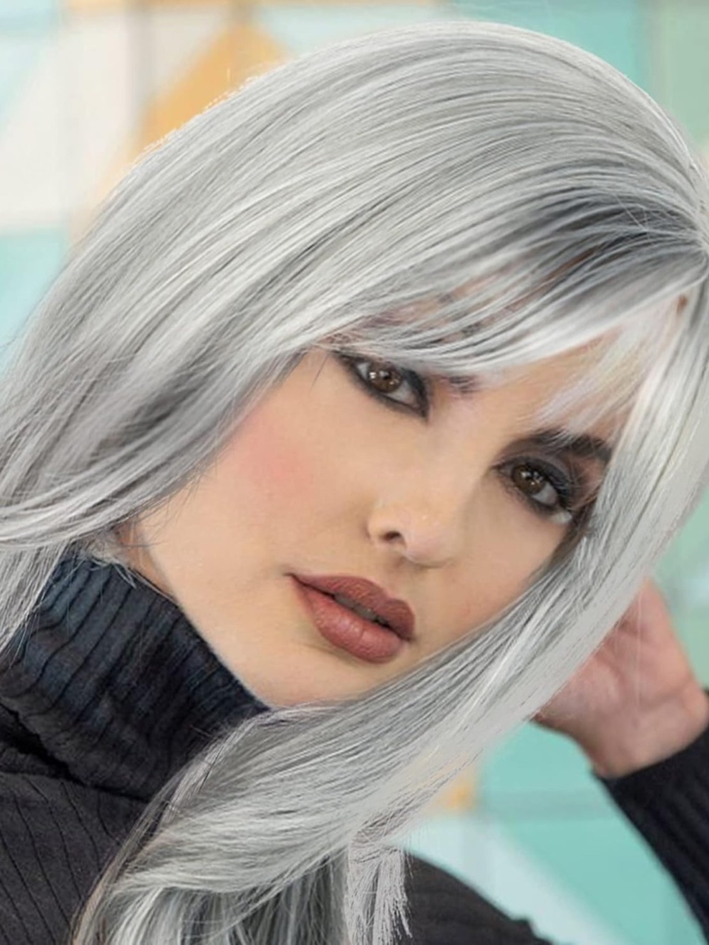 KRSI Grey Layered Synthetic Wig, With Bangs Side Part Layered Mixed Silver Grey